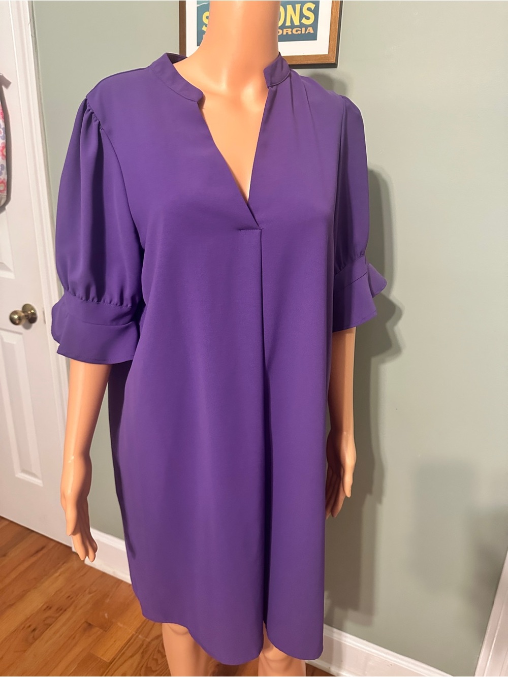 V-Neck Ruffle Sleeve Shift Dress - Purple - Picture 9 of 14
